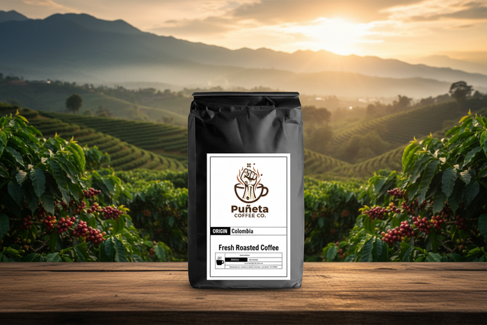 Pugeta Coffee bag on a wooden surface with a scenic background of coffee plants and mountains.