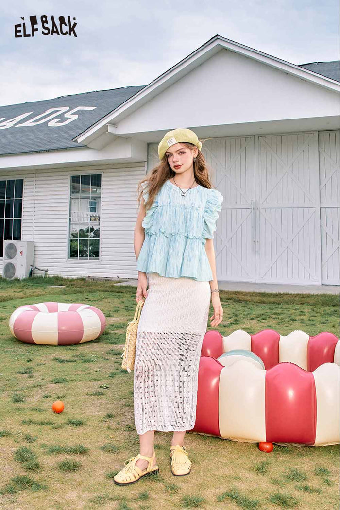 ELFSACK Design Loose Lace Patchwork Flutter Sleeve Chiffon Blouse
