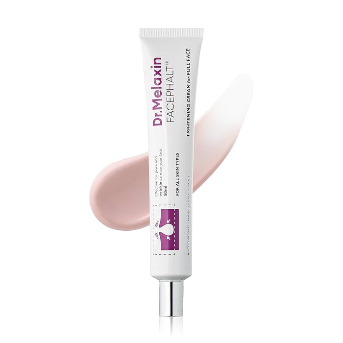 A white tube labeled "DR MELAXIN - FACEPHALT TIGHTENING CREAM" by KOSMIC KBEAUTY SKINCARE stands upright with a light pink cream smear in the background. This Korean tightening cream suits all skin types.
