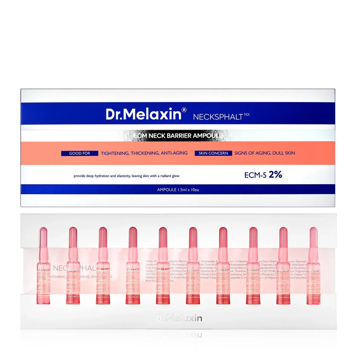 Two sleek, translucent DR MELAXIN - NECKSPHALT ECM NECK BARRIER AMPOULE bottles by KOSMIC KBEAUTY SKINCARE are displayed on a white surface with soft shadows—one upright, one lying down—in small pink packaging.