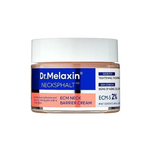 An open jar of KOSMIC KBEAUTY SKINCARE DR MELAXIN - NECKSPHALT ECM NECK BARRIER CREAM with light peach cream spread on the white surface in front of it.