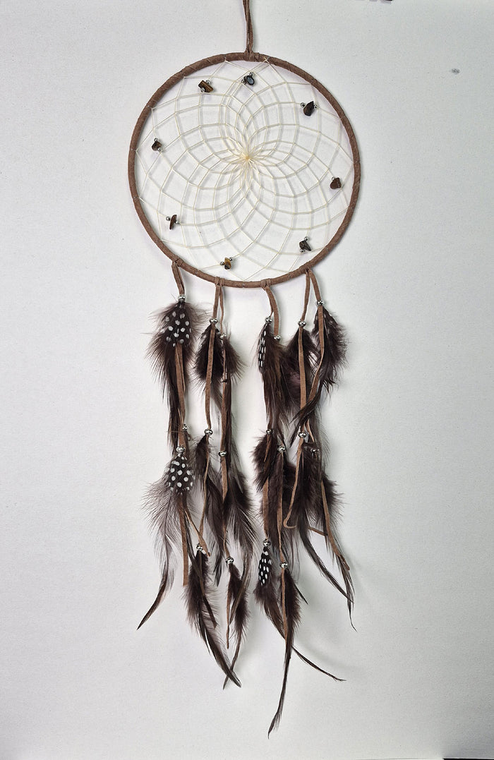 Brown dream catcher with Tiger's Eye gemstone chips and feathers made in Canada.