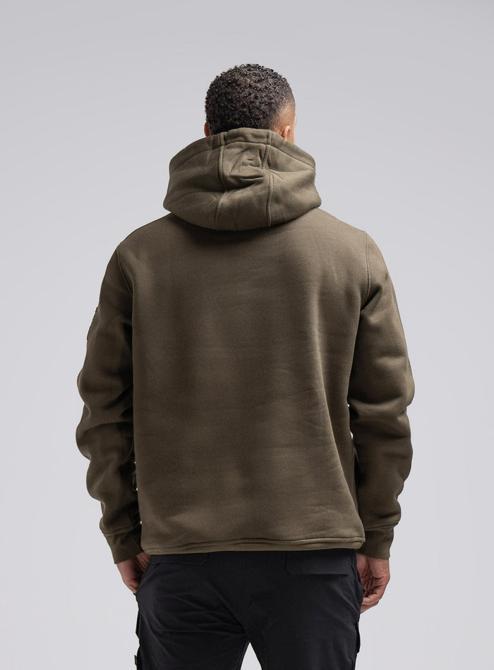 Dj Is 6ft 4" And Wears Size: Xl | Hem Studio Image Of Model Wearing Insignia Hoody In Khaki (SS Model)