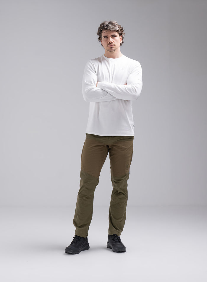 Jack Is 6ft 3" And Wears Size: L | Hem Studio Image Of Model Wearing Insignia Long Sleeve T-Shirt In Optic White (SS Model)