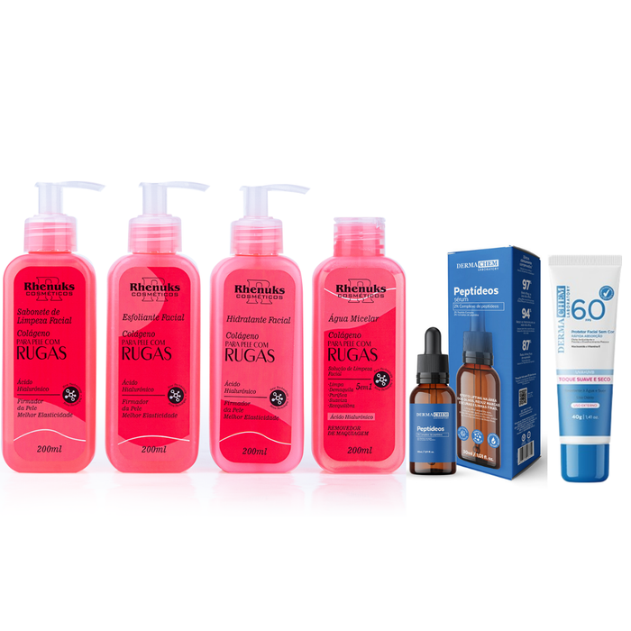 Kit SkinCare Anti Rugas com Colágeno Rhenuks + Sérum Peptídeos Dermachem + Protetor Solar FPS 60