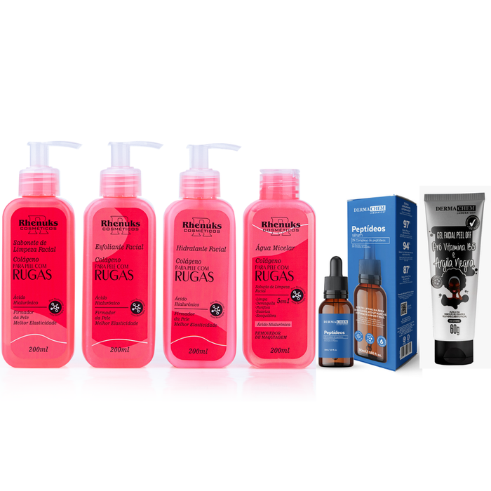 Kit SkinCare Anti Rugas com Colágeno Rhenuks + Sérum Peptídeos + Máscara Peel Off DermaChem