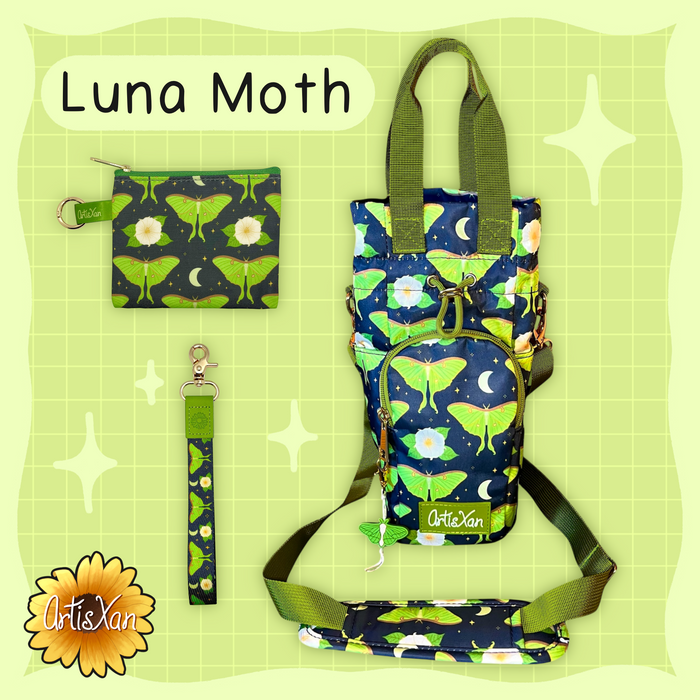Luna Moth Water Bottle Bag with Fidget Zipper Pull