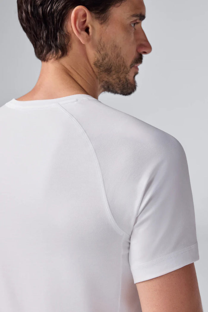 The MACK WELDON 18 Hour Jersey Crewneck Undershirt in Bright White is a slim-fit, short-sleeve tee crafted from soft jersey, shown laid flat on a white background.
