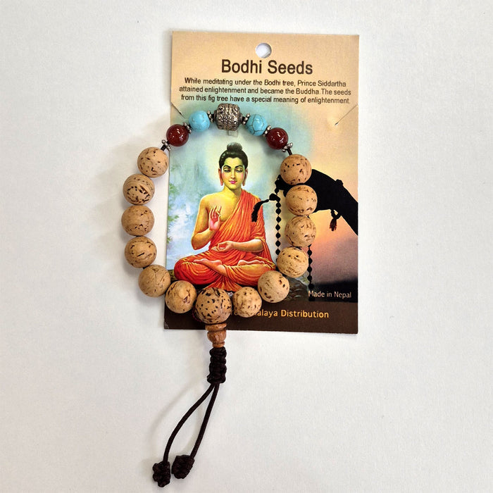 Mala Bracelet - Bodhi Seed with Carnelian, Turquoise and Small Metal Bead