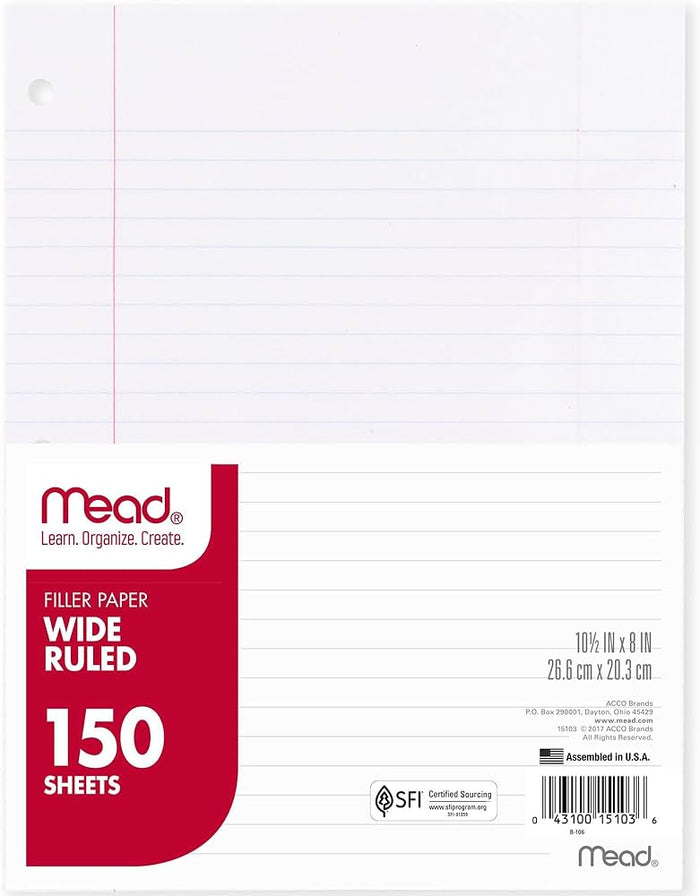 Mead Wide Ruled Filler Paper, 10.5" × 8", 150 Sheets - Office R Us Lagos