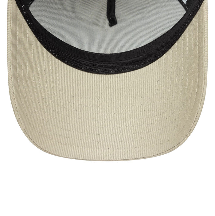 This is a New York Yankees MLB League Essential Light Beige 9FORTY E-Frame Trucker Adjustable Cap 5