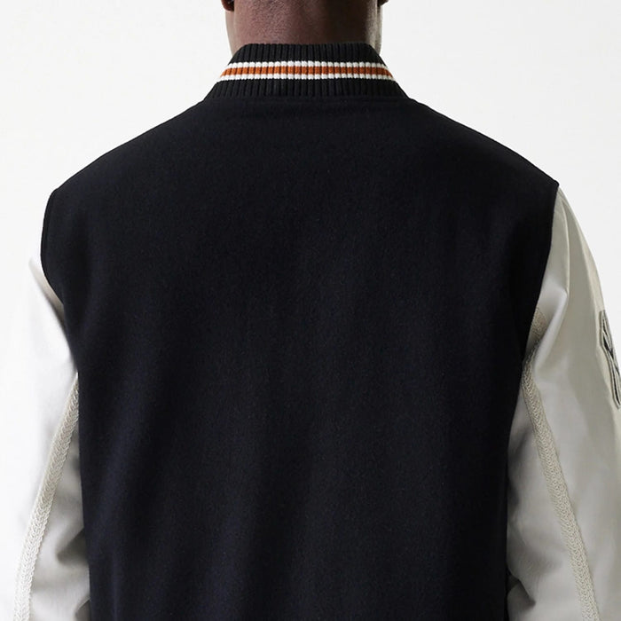 The Male model is wearing New York Yankees MLB Wordmark Black Varsity Jacket 7