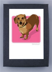 The PAPER RUSSELLS - DACHSHUND BOXED CARDS by PAPER RUSSELLS feature a brown dachshund on a pink background, centered on white cards with dark frames. Printed on recycled paper and made in the USA for eco-friendly appeal.