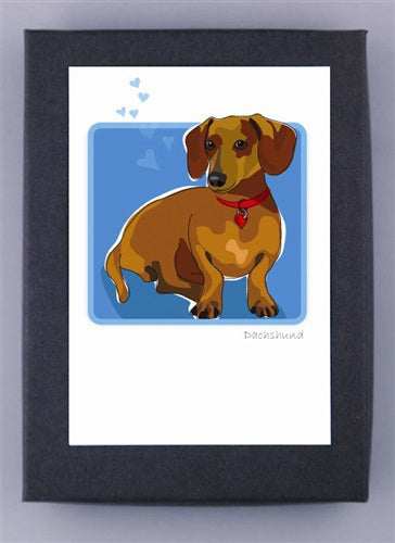 PAPER RUSSELLS - DACHSHUND NOTECARDS feature a brown dachshund with a red collar, sitting on a blue background with hearts. "Dachshund" appears below. Printed on recycled paper in the USA by PAPER RUSSELLS, each card has a dark border.