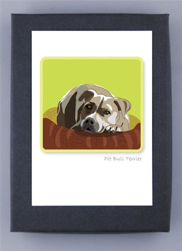 PAPER RUSSELLS - PIT BULL NOTE CARDS feature a calm pit bull terrier lying on a blanket with a light green background and "Pit Bull Terrier" below the image. Great for handmade greeting cards by PAPER RUSSELLS.