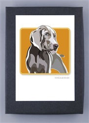 PAPER RUSSELLS - WEIMARANER BOXED CARDS by PAPER RUSSELLS feature a centered illustration of a gray short-coated dog facing right on a mustard yellow background, printed on an FSC certified white card with a dark gray border.
