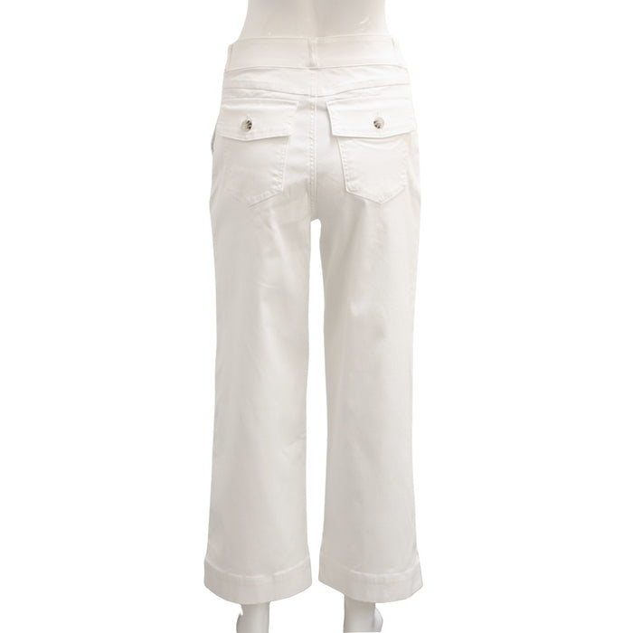 A mannequin wears the SPANX STRETCH TWILL CROPPED PANT—high-waisted, white, straight-leg pull-on style with side flap pocket and button, featuring hidden tummy shaping—shown in profile on a plain white background.