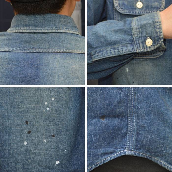 SUGAR CANE "SC29474" Blue Denim L/S Work Shirt Aged Model