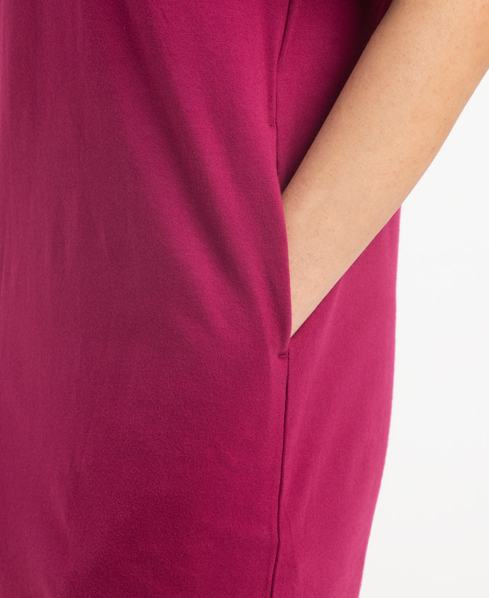 Super Combed Cotton Drop Shoulder Styled Curved Hem Printed Lounge Dress With Side Pockets - Raspberry Radiance