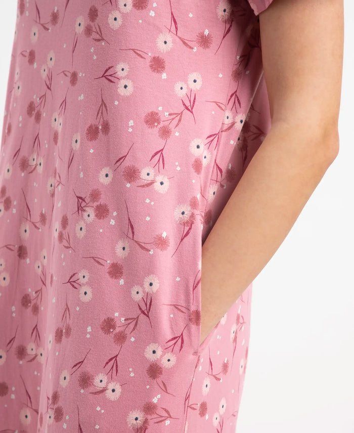 Super Combed Cotton Long Length Printed Lounge Dress - Cashmere Rose