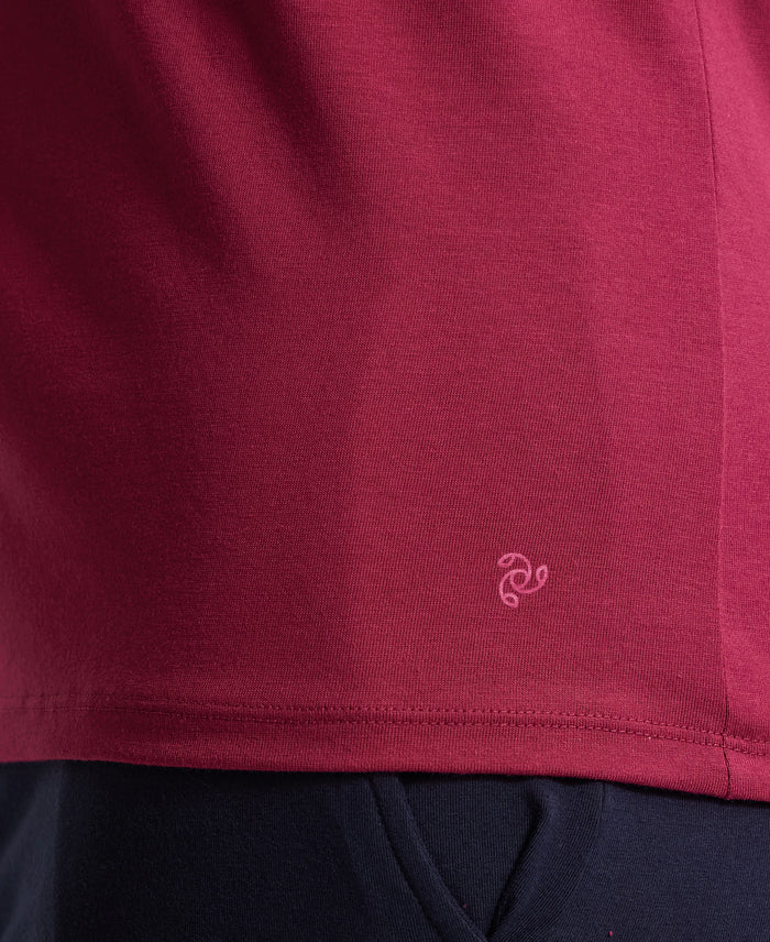 Super Combed Cotton Rich Fabric Relaxed Fit V-Neck Half Sleeve T-Shirt - Red Plum-7