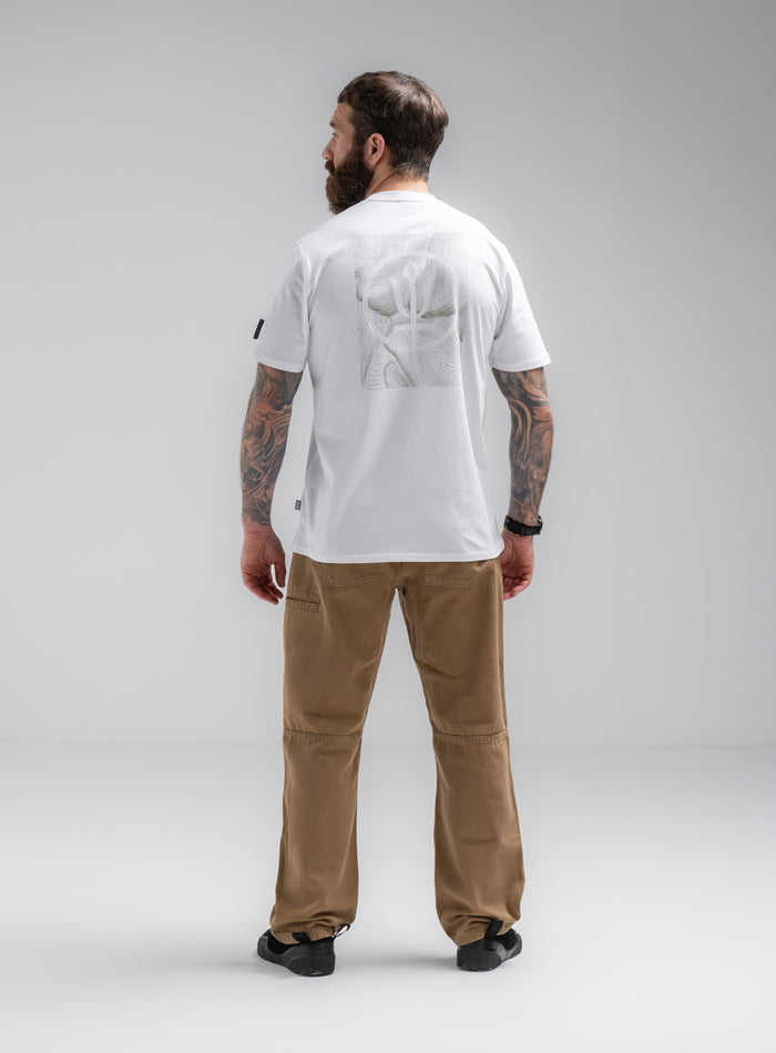Louis Is 5ft 10" And Wears Size: M | Hem Studio Image Of Model Wearing Vader T-Shirt - Pen Y Fan In Optic White (SS Model)