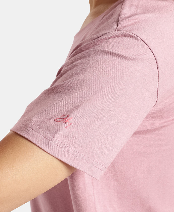 Viscose Elastane Stretch Fabric Relaxed Fit Drop Shoulder Styled T-Shirt - Lilas
