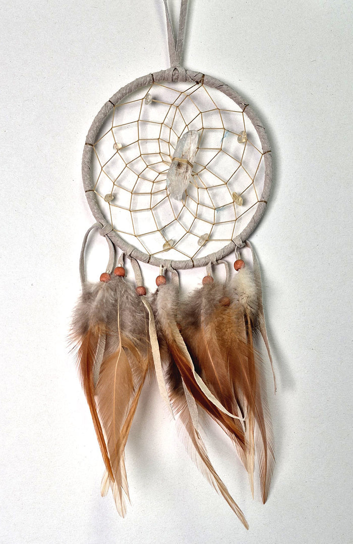 Tan vision seeker dream catcher with Quartz point, Citrine gemstone chips and feathers, handmade in Canada.