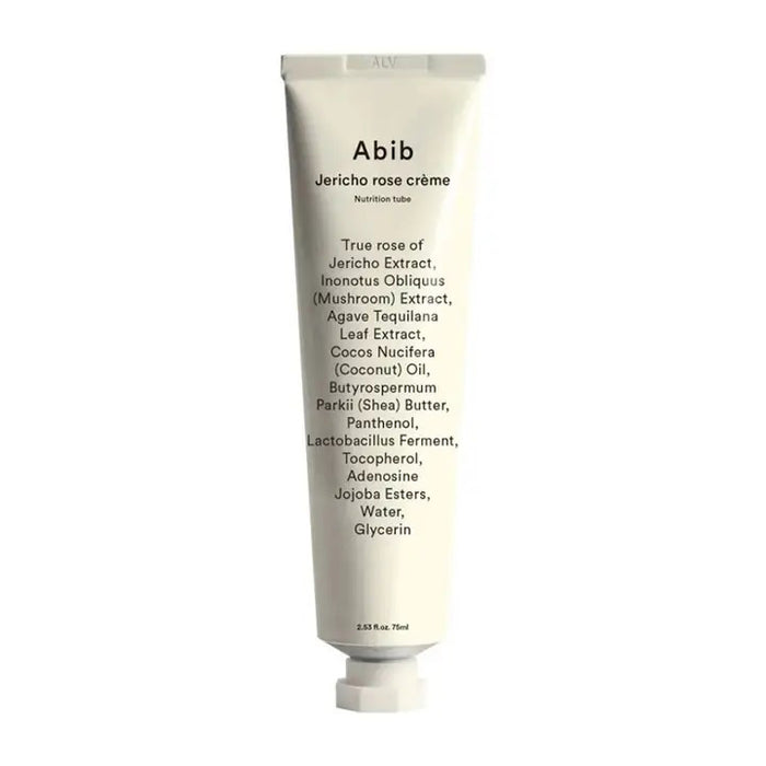 A white tube labeled "COLLAGEN EYE CREME JERICHO ROSE" by ASIAN BEAUTY WHOLESALE stands upright, its black text ingredient list featuring Jericho rose extract—highlighting this hydrating, vegan eye cream in a 30ml tube as a skincare essential.
