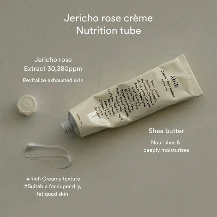 A white tube labeled "COLLAGEN EYE CREME JERICHO ROSE" by ASIAN BEAUTY WHOLESALE stands upright, its black text ingredient list featuring Jericho rose extract—highlighting this hydrating, vegan eye cream in a 30ml tube as a skincare essential.