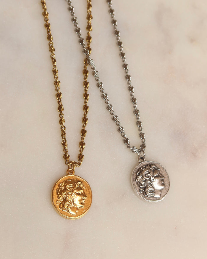 A gold and a silver coin necklace with Alexander the Great, ancient Greek coin necklaces