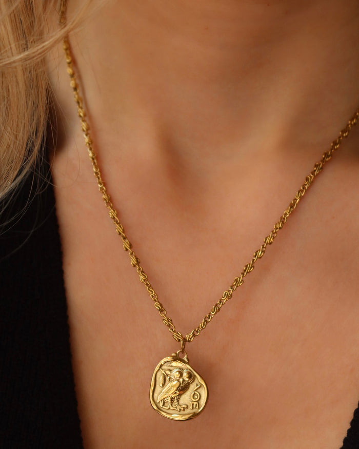 Athena's Owl Coin Necklace with Infinity Chain - Gold Tone