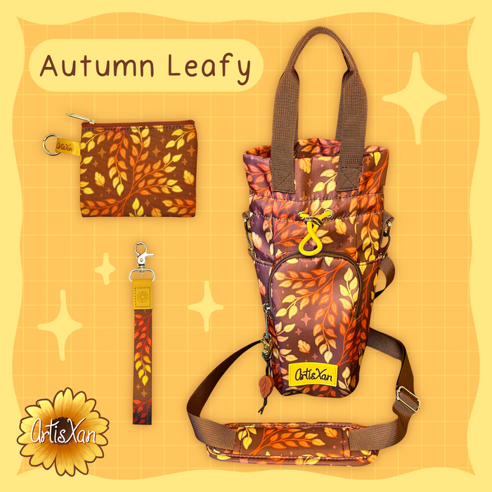 Autumn Leafy Water Bottle Bag with Fidget Zipper Pull