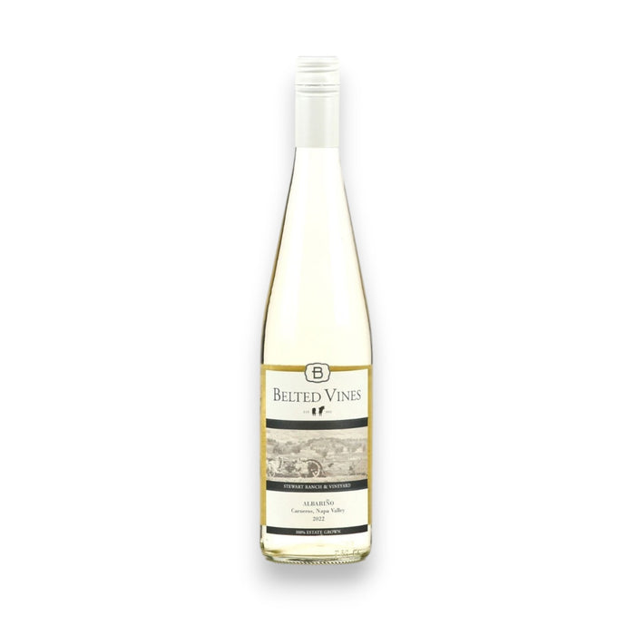 A clear bottle of BELTED VINES ALBARINO 2023 from WINE: 3 KEYS, a crisp California white wine, with a cream label depicting a vineyard and a cream screw cap.