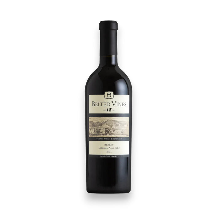 A dark glass bottle labeled "BELTED VINES MERLOT 2022" by WINE: 3 KEYS features a vineyard illustration and notes it is a classic California Merlot, estate grown from Stewart Ranch & Vineyard and barrel aged.