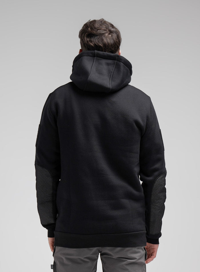 Bernie Is 6ft And Wears Size: M | Hem Studio Image Of Model Wearing Black Ops Dyneema®️ Hoody G2 In Hoody (SS Model)