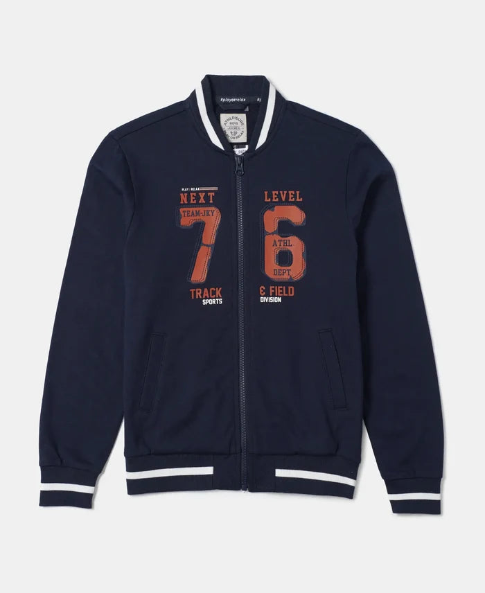 Super Combed Cotton French Terry Graphic Printed Jacket - Navy-1