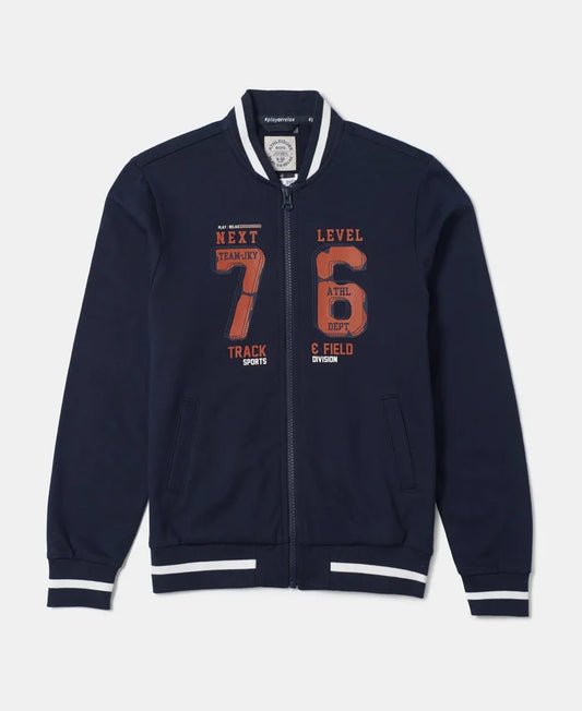 Super Combed Cotton French Terry Graphic Printed Jacket - Navy-1