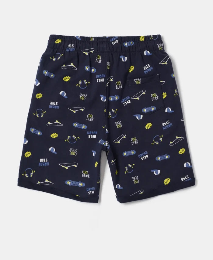 Super Combed Cotton French Terry Printed Shorts with Turn Up Hem Styling - Navy-2