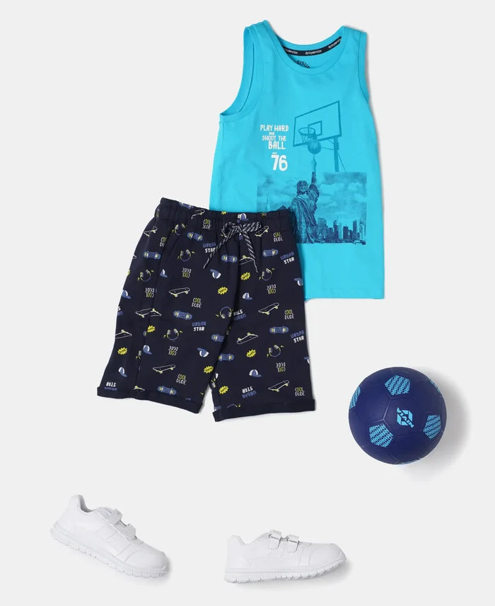 Super Combed Cotton French Terry Printed Shorts with Turn Up Hem Styling - Navy-5