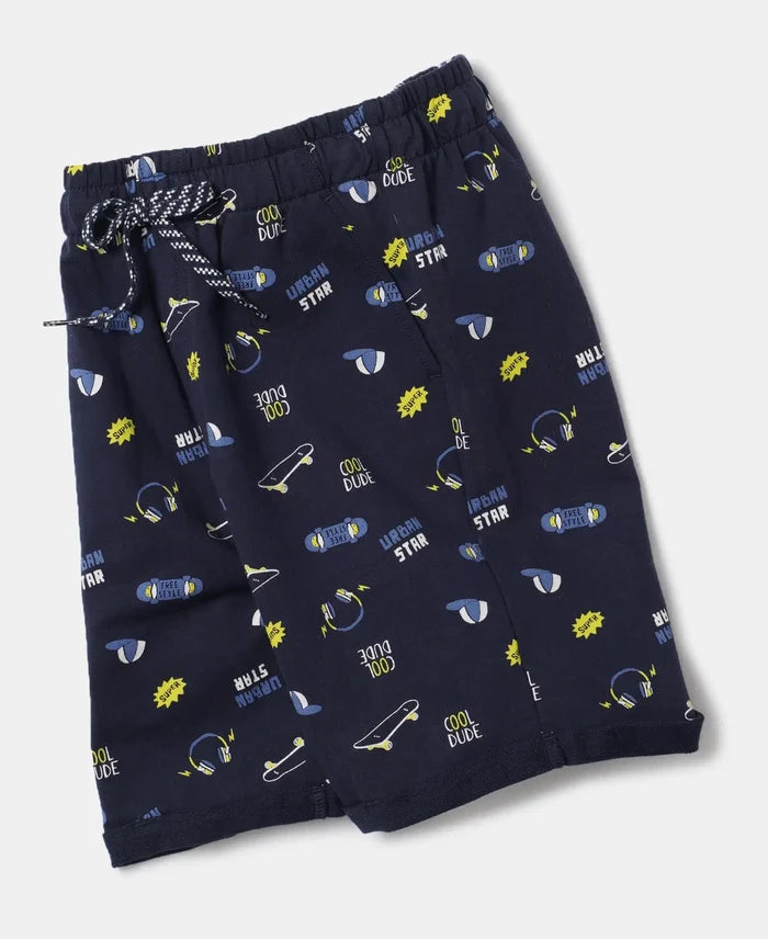 Super Combed Cotton French Terry Printed Shorts with Turn Up Hem Styling - Navy-6