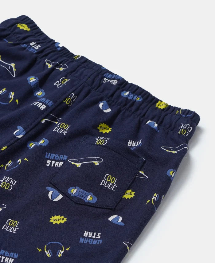 Super Combed Cotton French Terry Printed Shorts with Turn Up Hem Styling - Navy-4