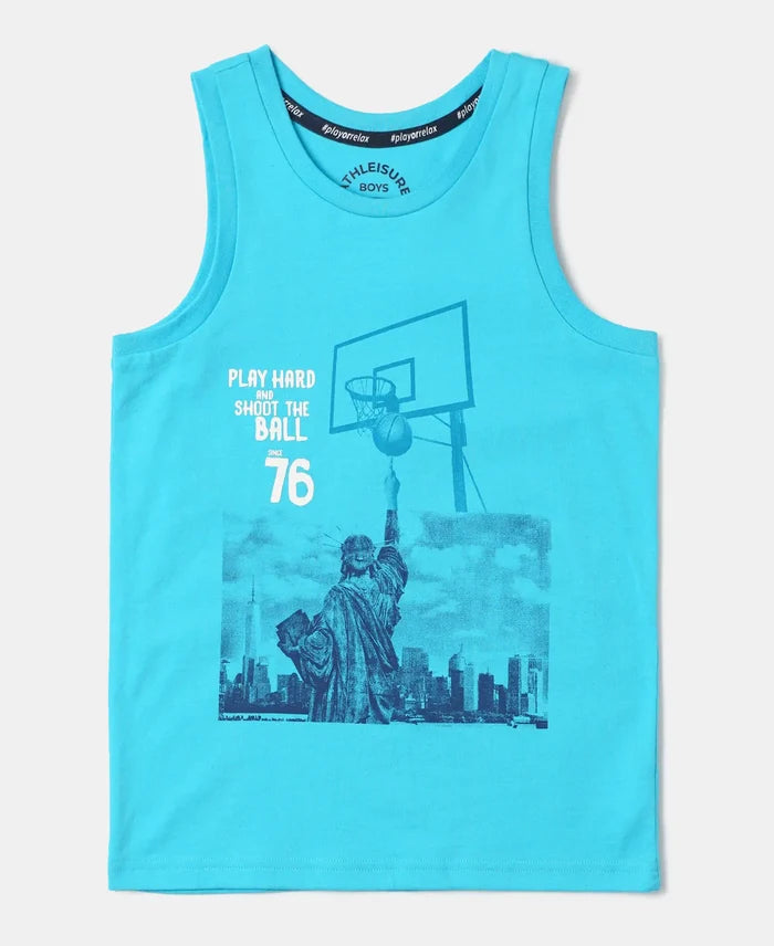 Super Combed Cotton Graphic Printed Tank Top - Scuba Blue Printed-1