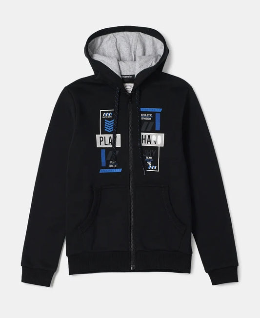 Super Combed Cotton Rich Fleece Fabric Graphic Printed Hoodie Jacket - Black-1