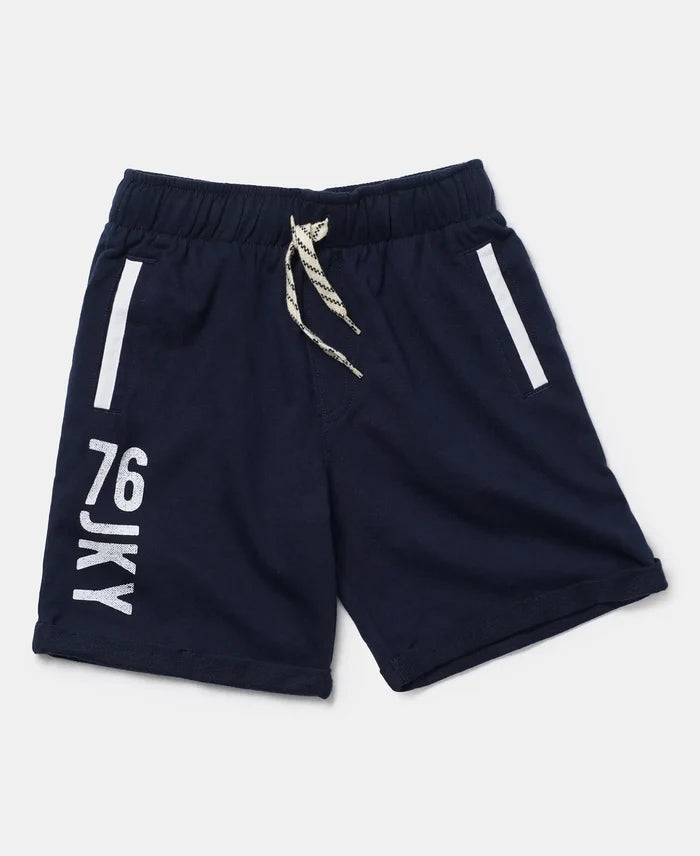 Super Combed Cotton Rich French Terry Graphic Printed Shorts with Turn Up Hem Styling - Navy-5