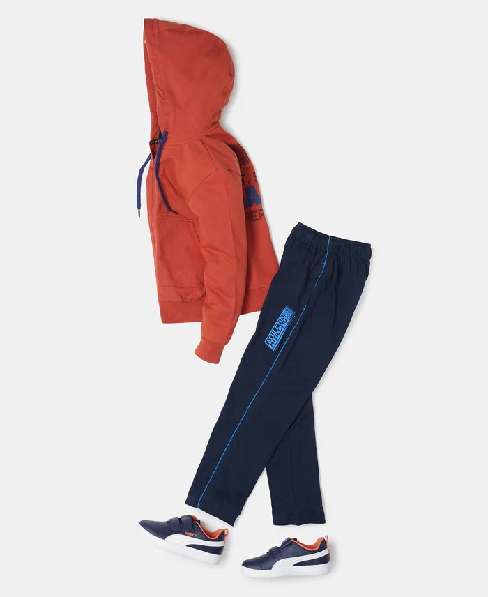 Super Combed Cotton Rich Graphic Printed Trackpants with Contrast Side Piping - Navy-4