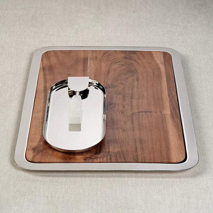 The ZODAX BRASSERIE STEEL & ACACIA FUSION BOARD features a square acacia wood tray with a metal border and an oval silver dish with a modern handle, making it the ideal large serving tray for any occasion.
