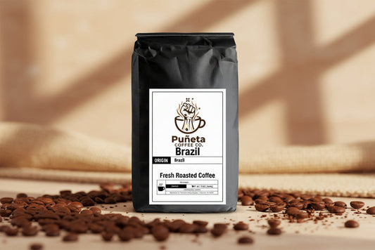 Black coffee bag with Puñeta Coffee Co. label