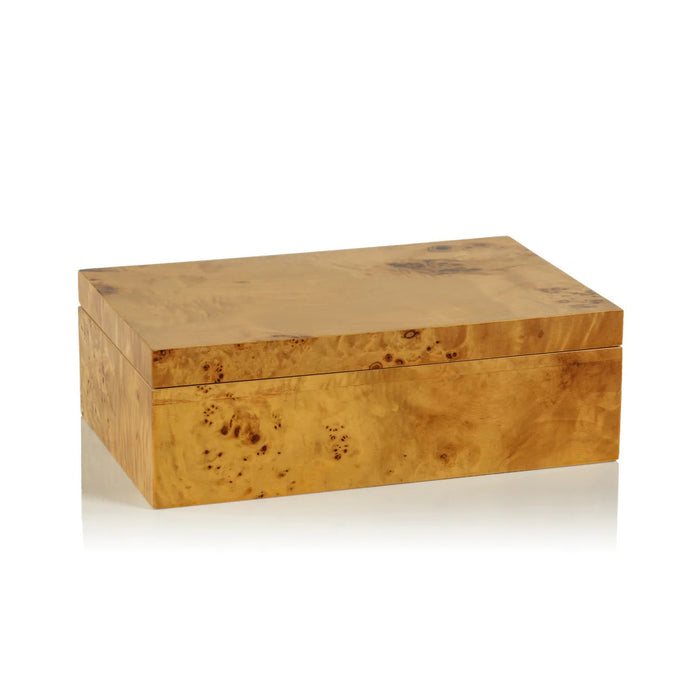 The ZODAX BURL WOOD DESIGN BOX - LARGE is a rectangular MDF box with a glossy, light brown burl wood veneer and natural grain patterns, shown on a white background.