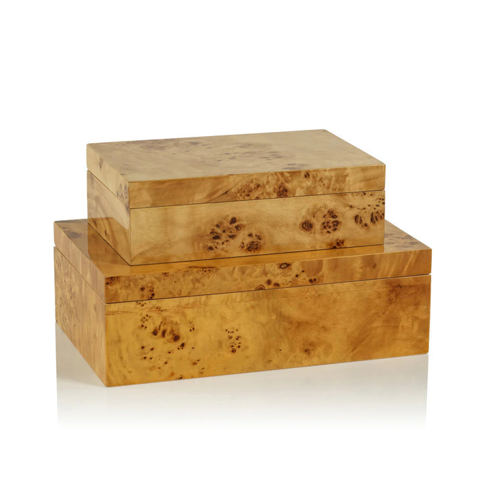 The ZODAX BURL WOOD DESIGN BOX - LARGE is a rectangular MDF box with a glossy, light brown burl wood veneer and natural grain patterns, shown on a white background.